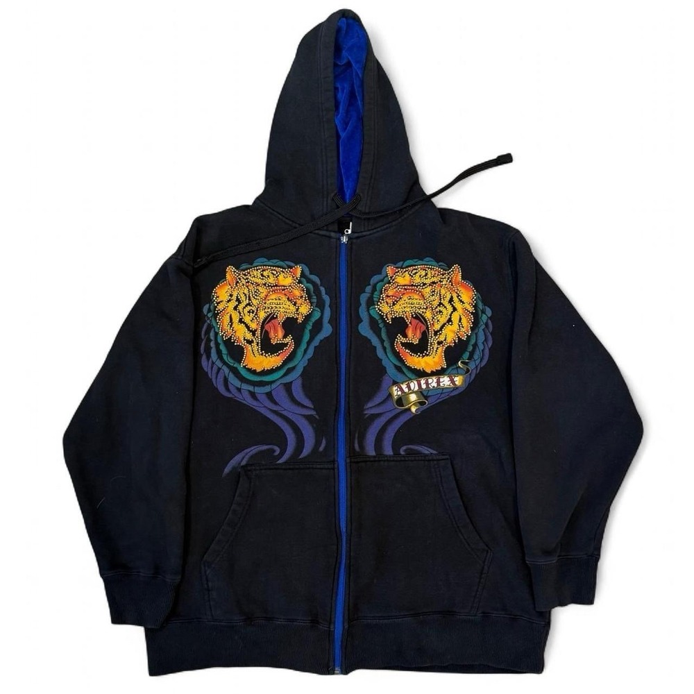 Vintage Avirex Full Zip Tiger Black Hoodie Adult Large Skater Streetwear Y2K VTG
